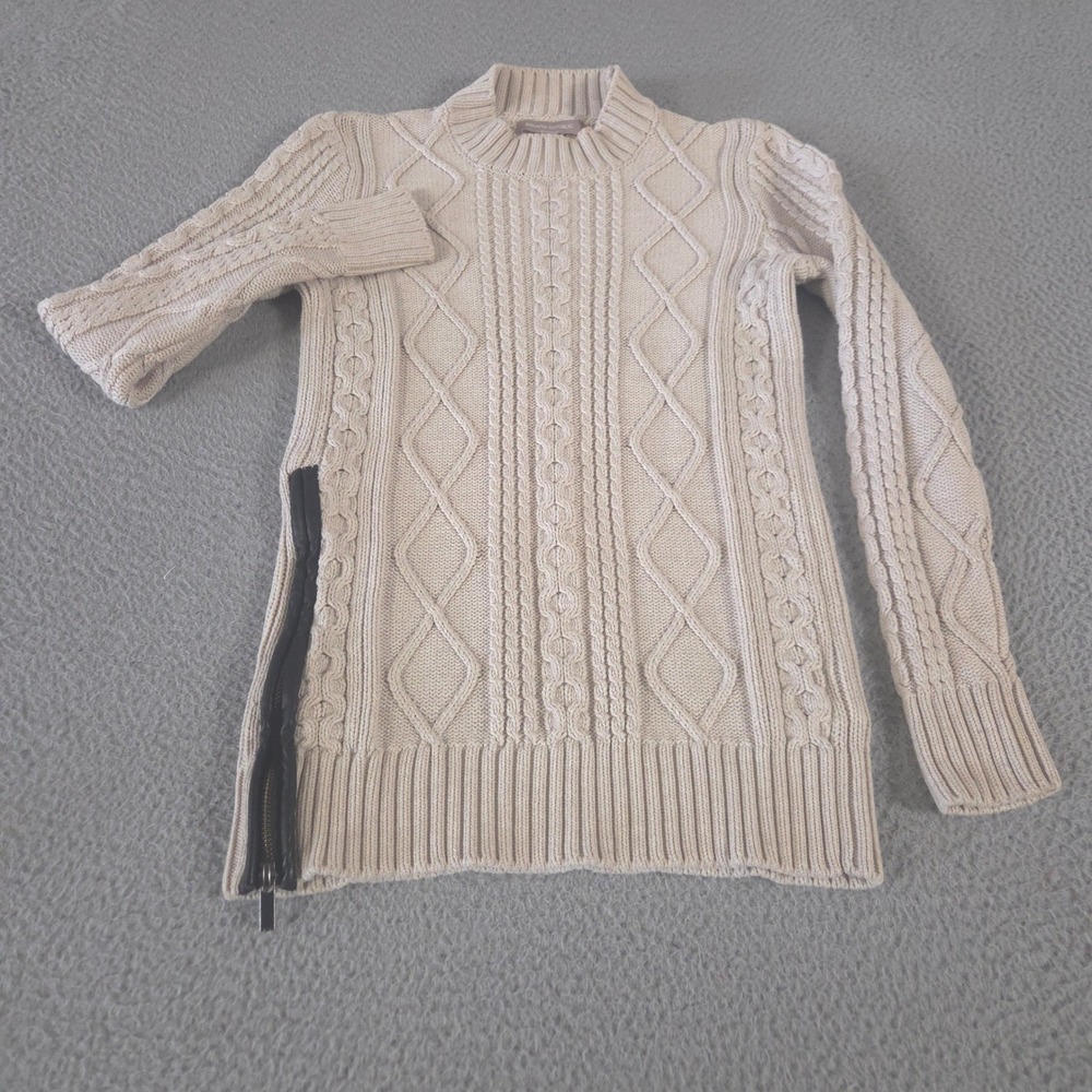 Banana Republic Sweater Womens XS‎ Beige Faux-Leather Trim Cable-Knit Pullover